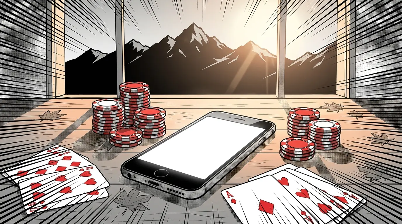 Phone with casino chips and Canadian mountain backdrop