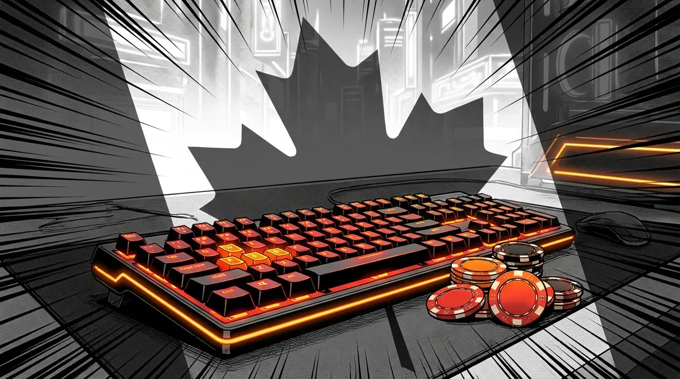 Gaming keyboard with casino chips and maple leaf shadow