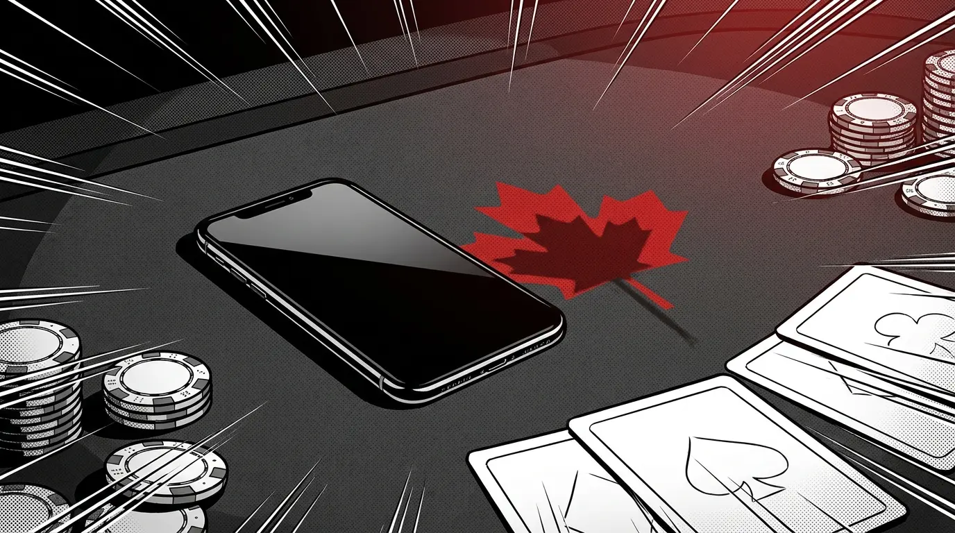 Smartphone with casino chips and maple leaf shadow on felt table