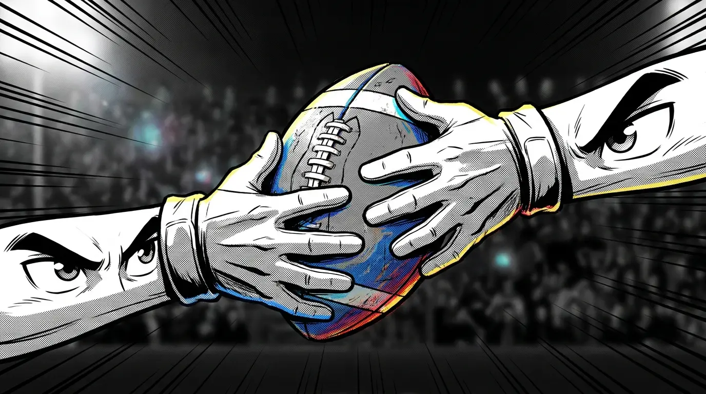Football balanced between two opposing hands showing competitive tension