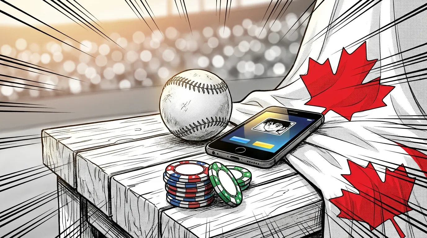 Baseball with chips and phone on Canadian-themed surface