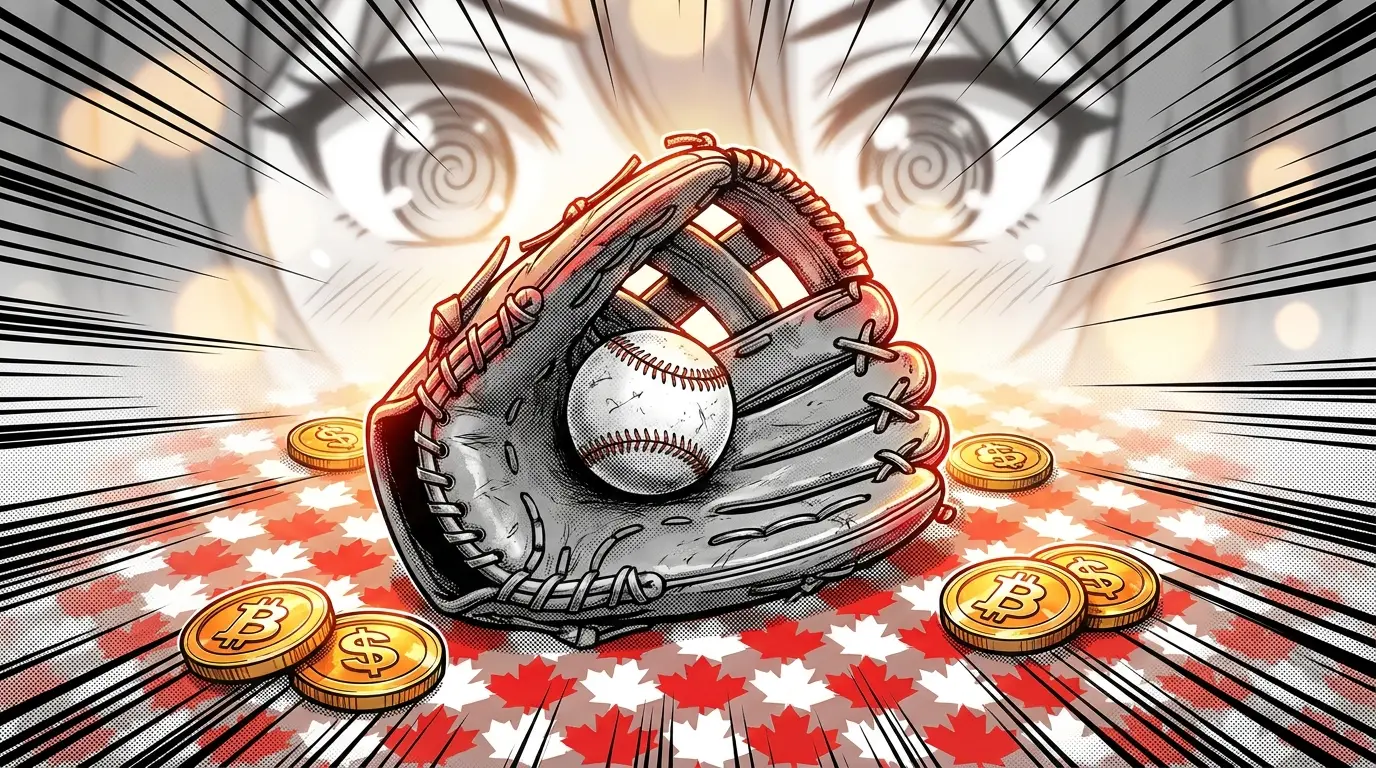 Baseball equipment with cryptocurrency coins on Canadian themed surface