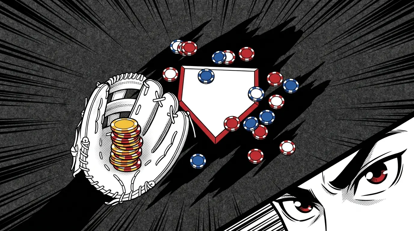 Baseball glove with coins and chips in overhead composition