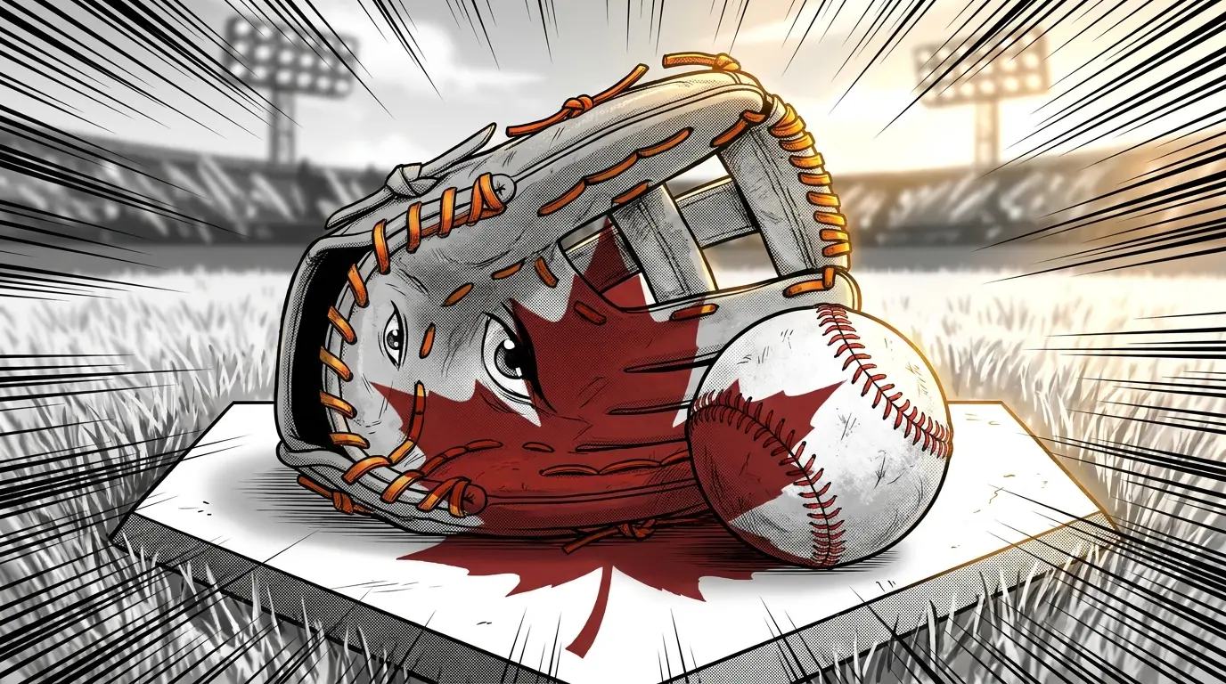 Baseball equipment on home plate with Canadian maple leaf shadow