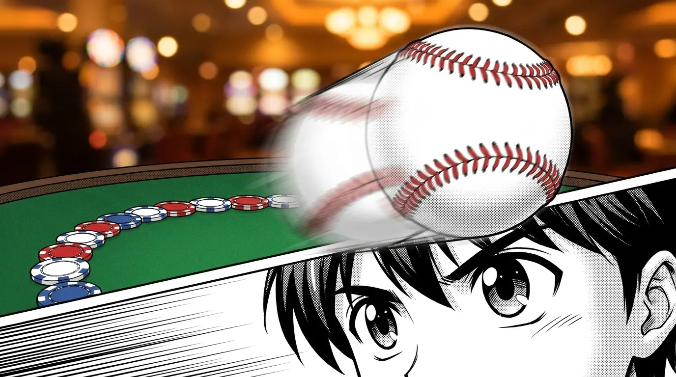 Baseball in motion above betting chips on felt surface