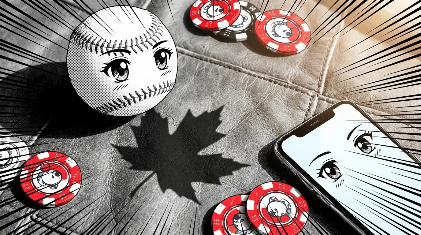 Baseball with phone and casino chips in Canadian-themed composition