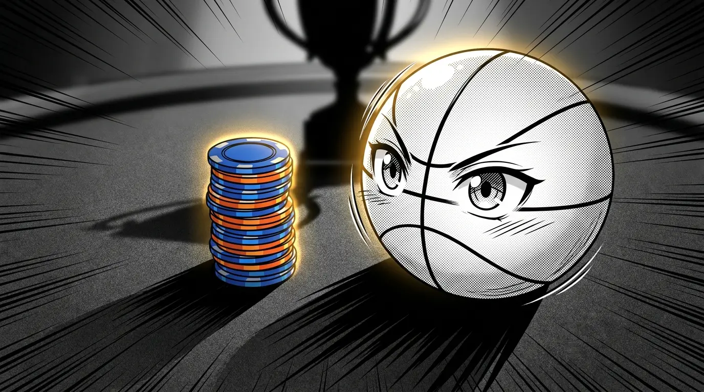 Betting chips stacked beside basketball with trophy background