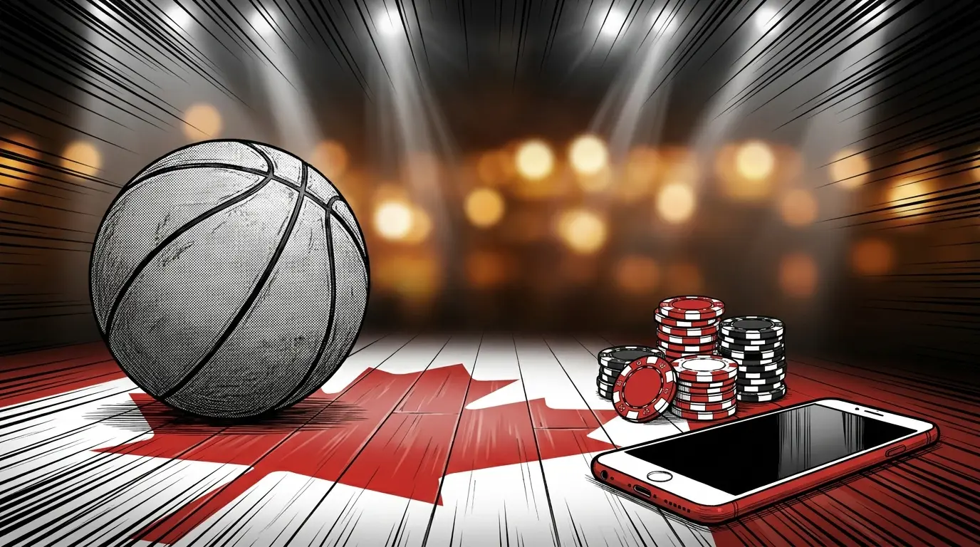 Basketball and casino chips with Canadian maple leaf shadows