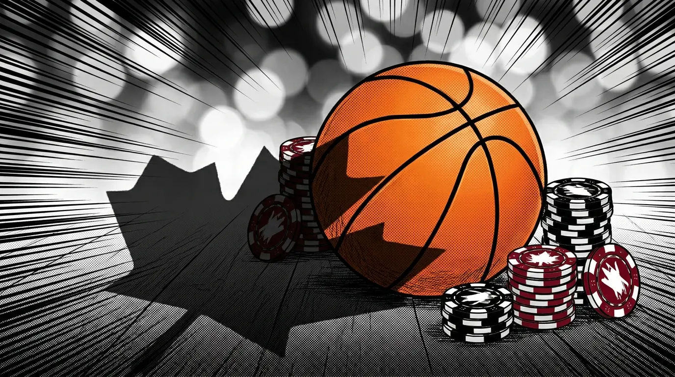Basketball with casino chips and maple leaf shadow