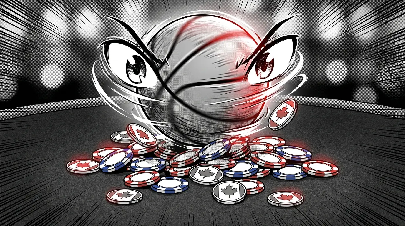 Basketball with poker chips and Canadian coins on casino felt