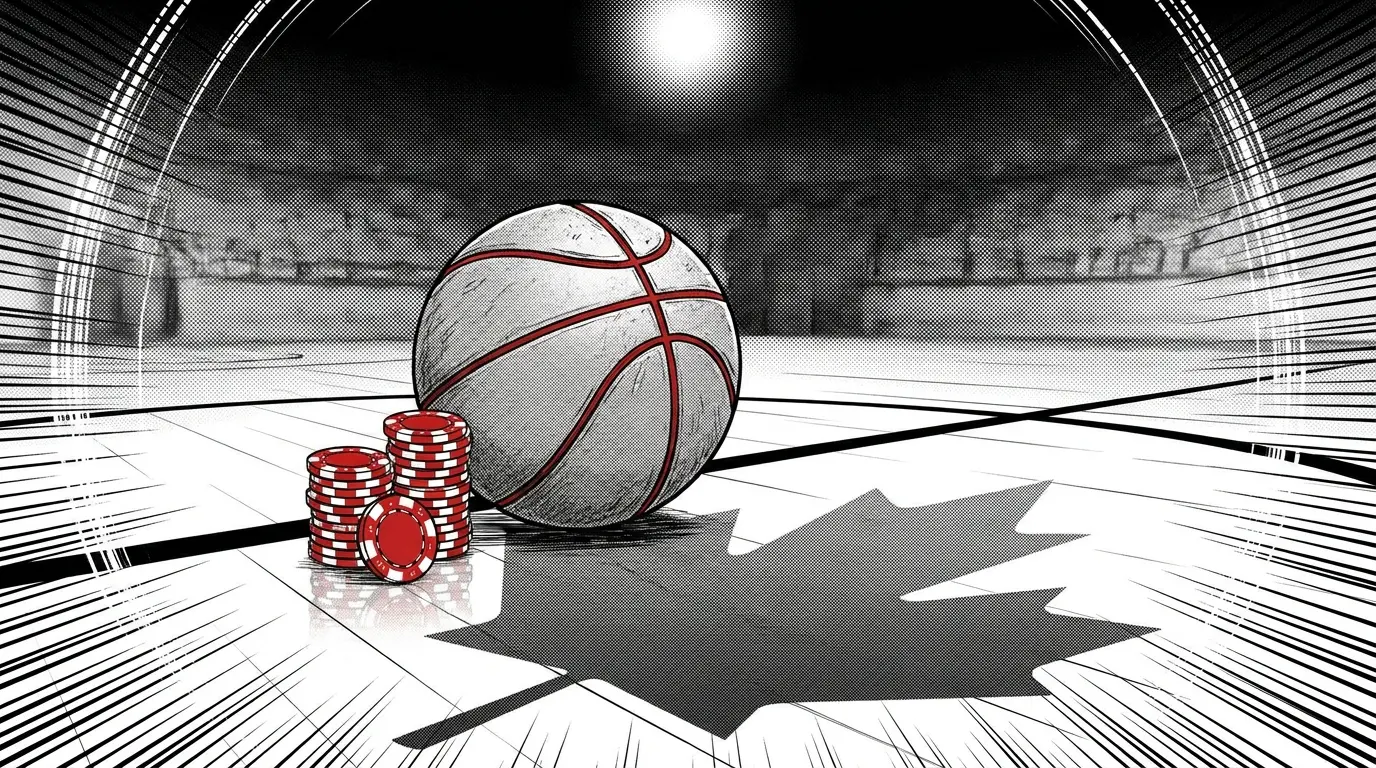 Basketball and casino chips on court with Canadian themed lighting