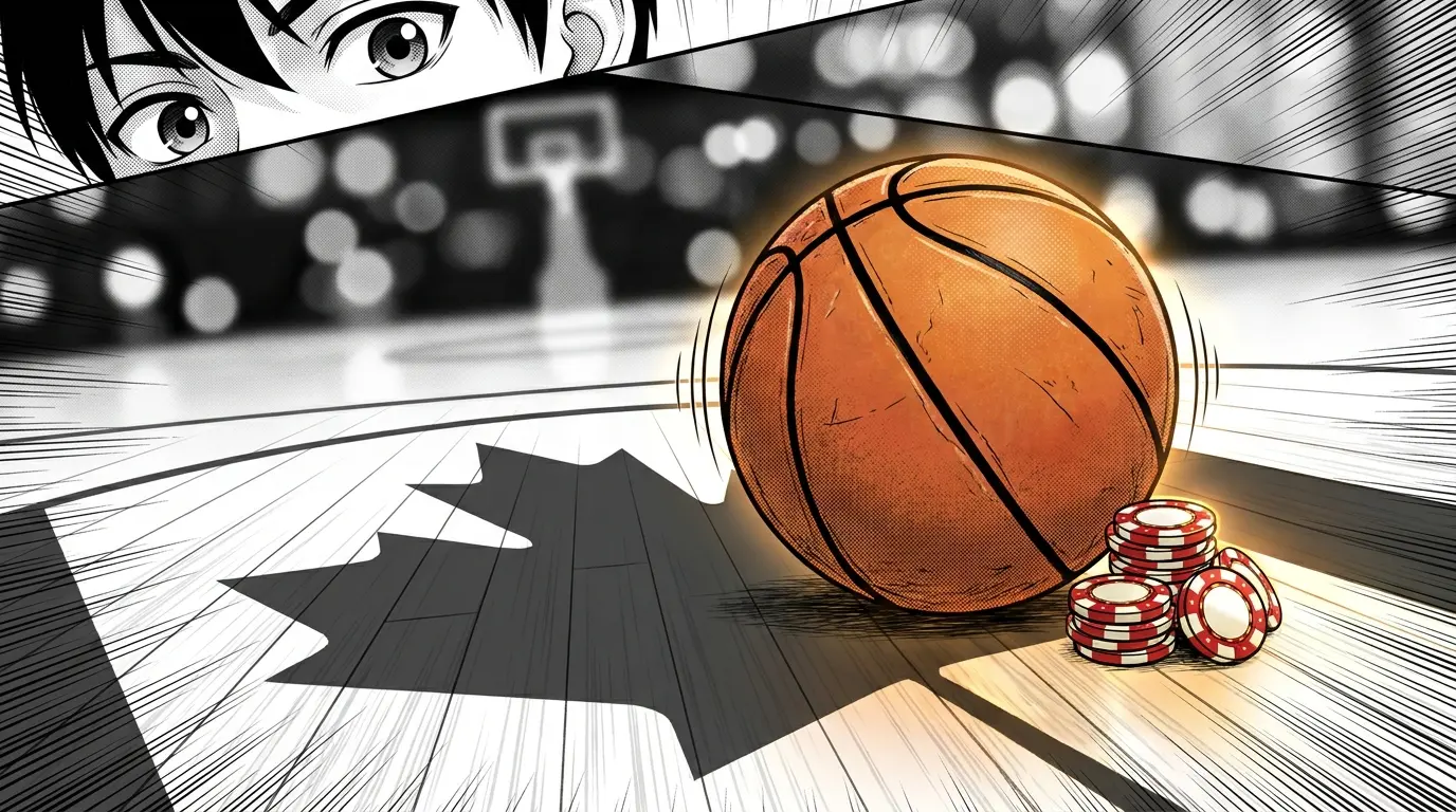 Basketball and poker chips on court with maple leaf shadow