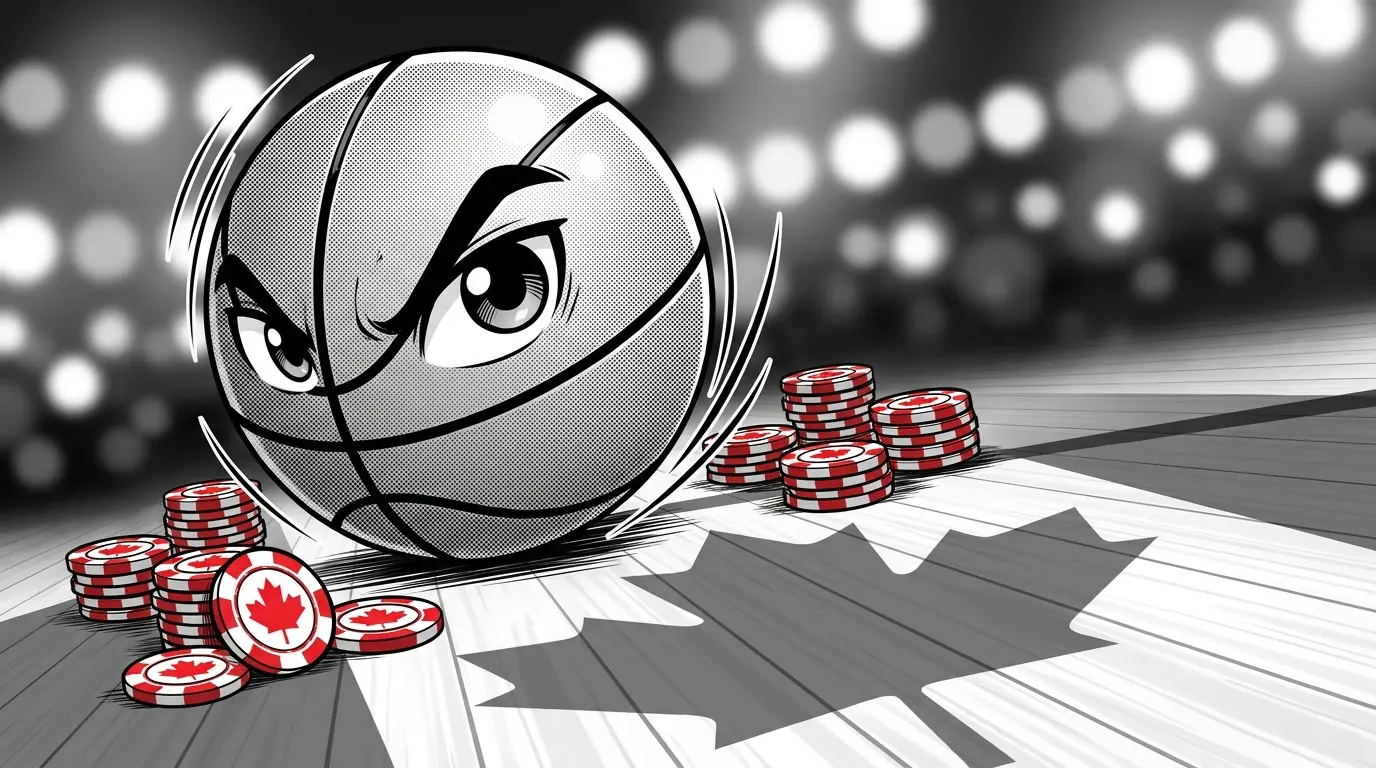 Basketball and casino chips on court with Canadian themed lighting