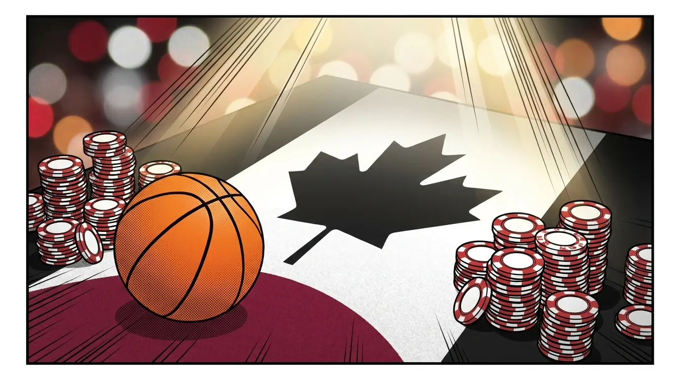 Basketball with casino chips on felt table in Canadian colors