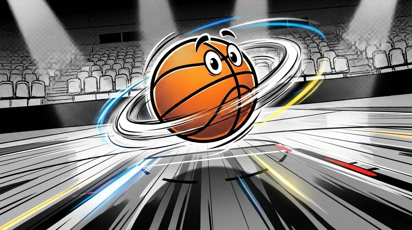 Basketball in motion on professional court with dramatic lighting