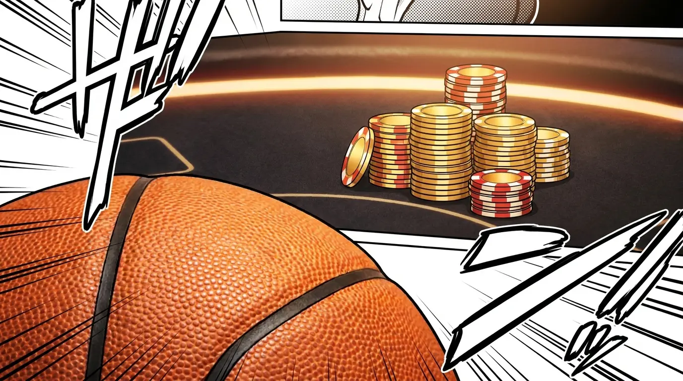 Basketball and golden chips stacked on dark felt surface