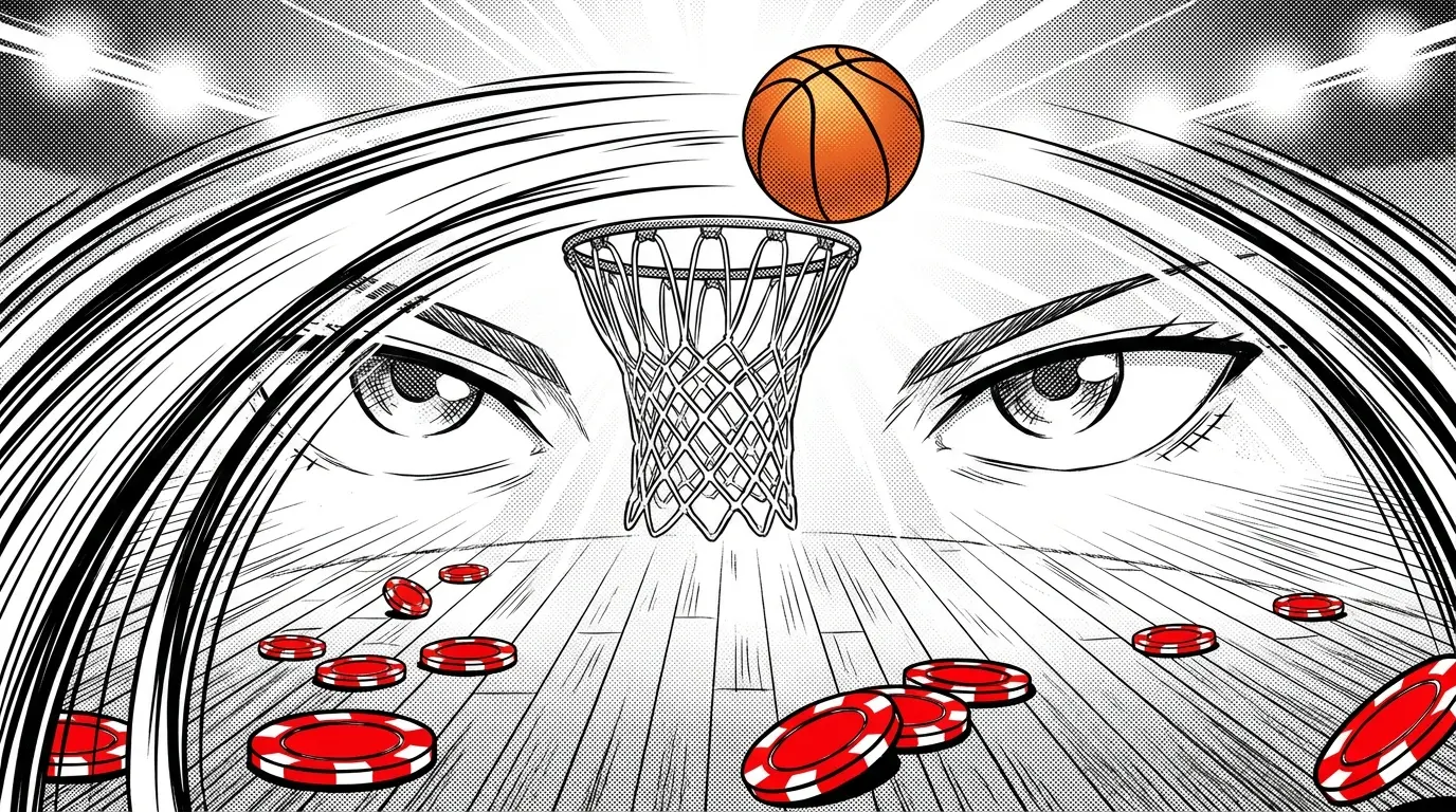 Basketball and net with scattered chips on court