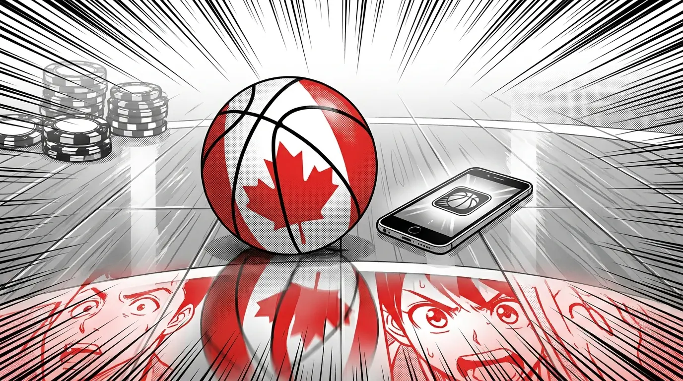 Basketball and smartphone on court with Canadian-themed lighting