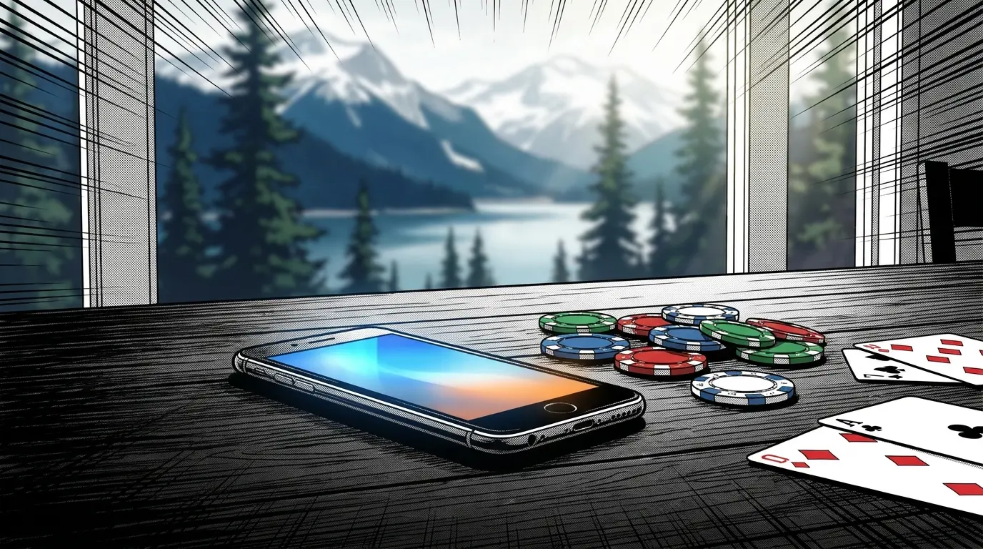 Smartphone with casino chips and cards, BC mountains in background