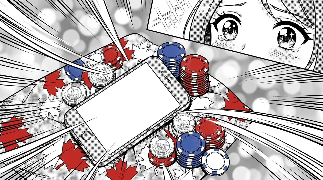 Smartphone with casino chips and Canadian coins on maple leaf fabric