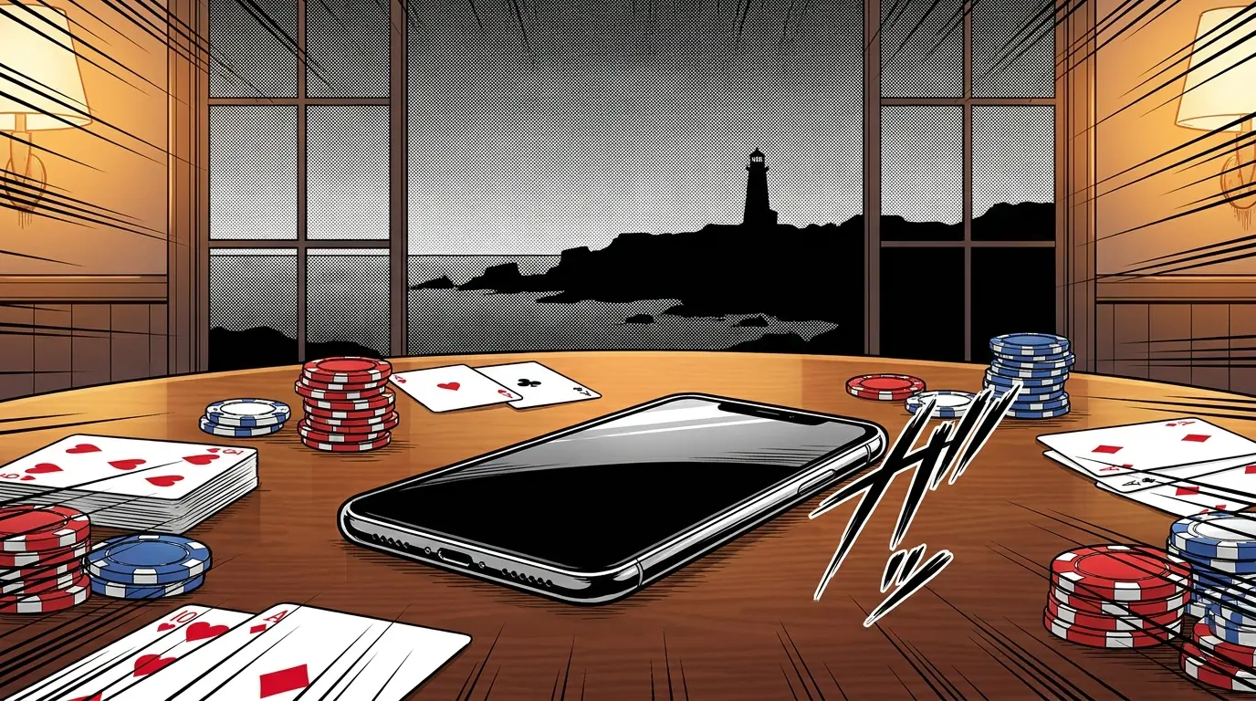 Mobile phone with casino chips and Nova Scotia coastal view