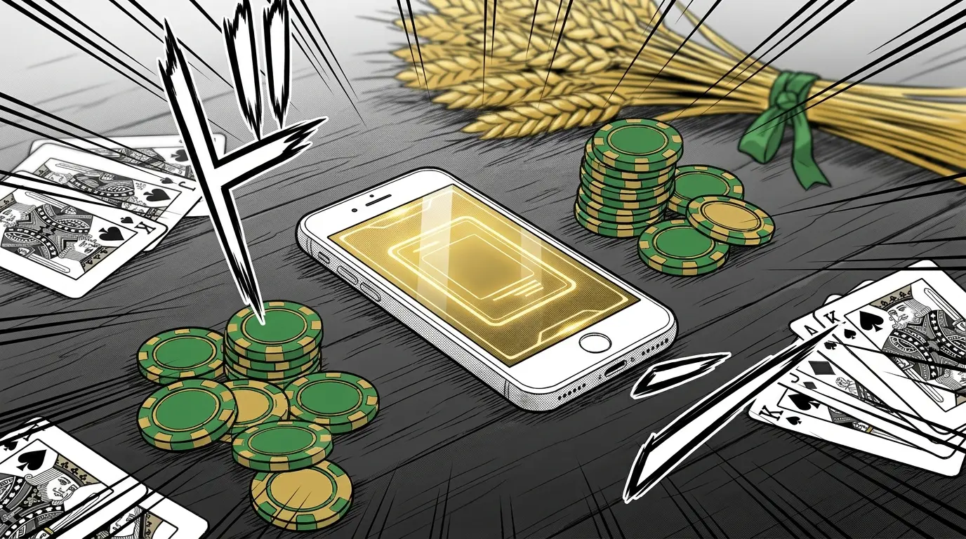 Smartphone with casino chips and Saskatchewan wheat stalks arrangement
