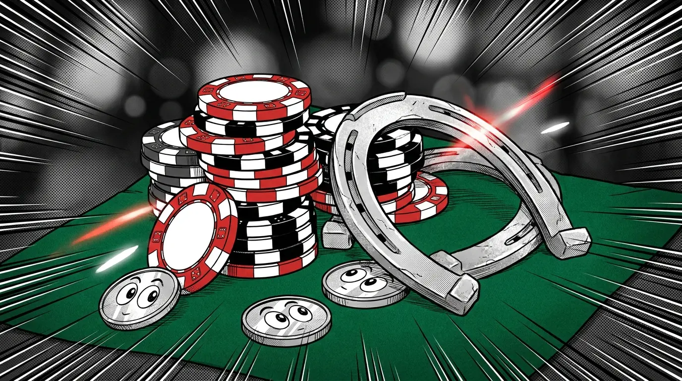 Casino chips and horseshoes on green felt surface