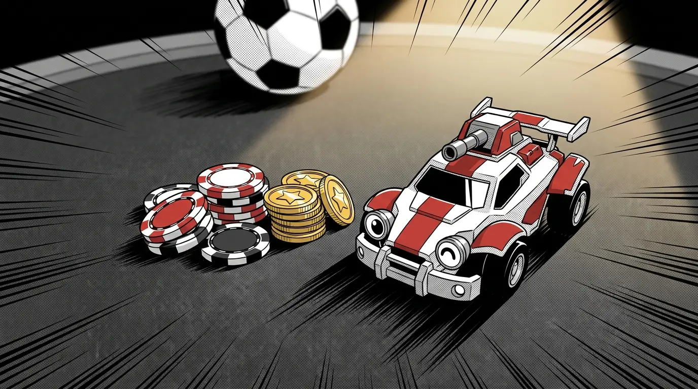 Casino chips stacked beside Rocket League car and soccer ball