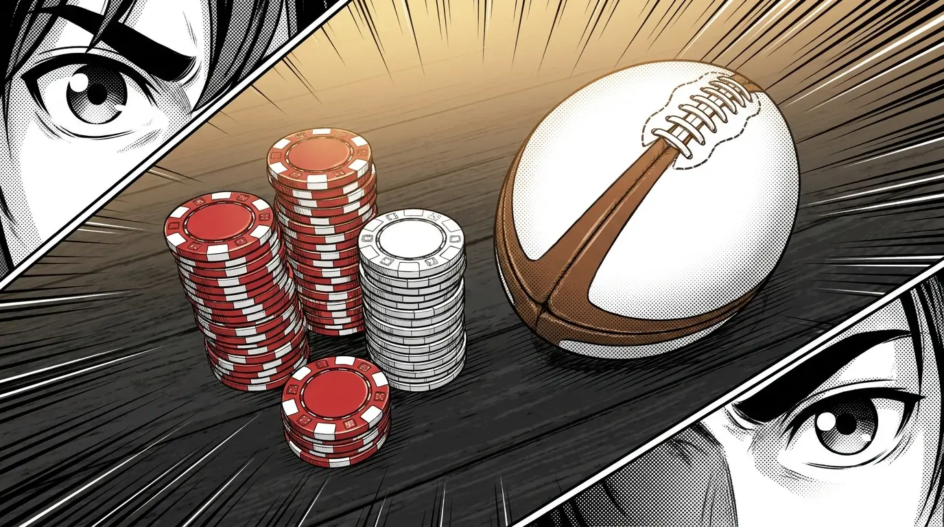 Poker chips and rugby ball on dark wood surface with warm lighting