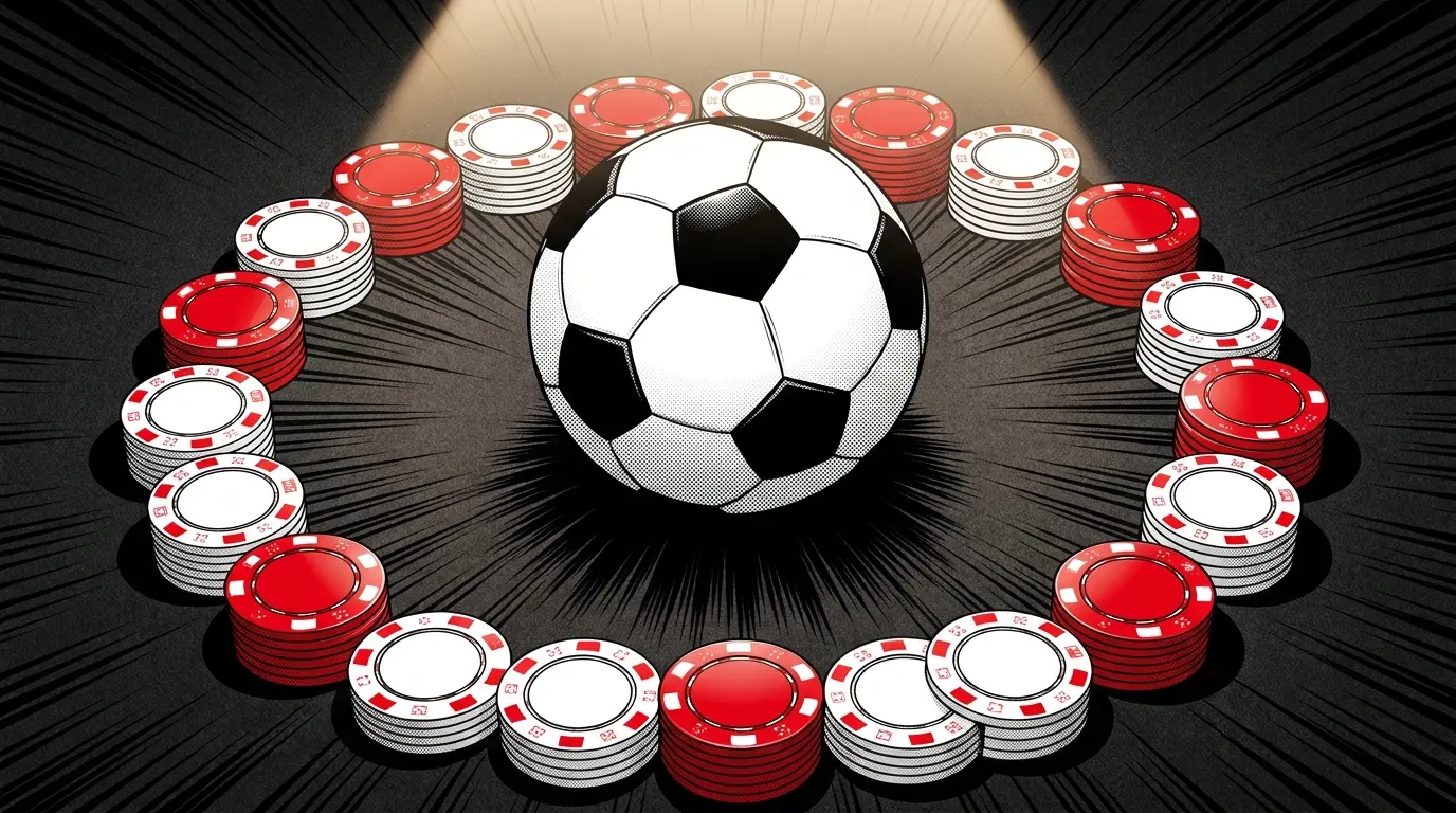 Poker chips arranged around soccer ball on dark surface