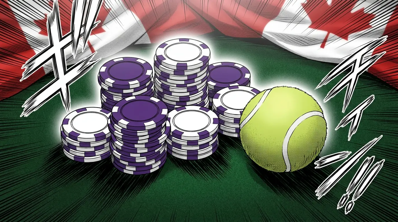 Poker chips and tennis ball arranged with Canadian colors