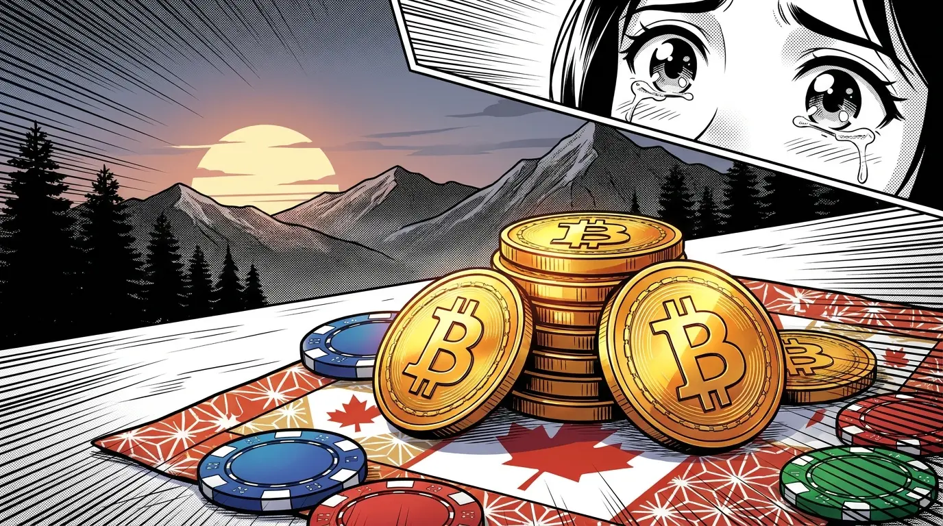 Bitcoin coins and poker chips on Canadian maple leaf fabric
