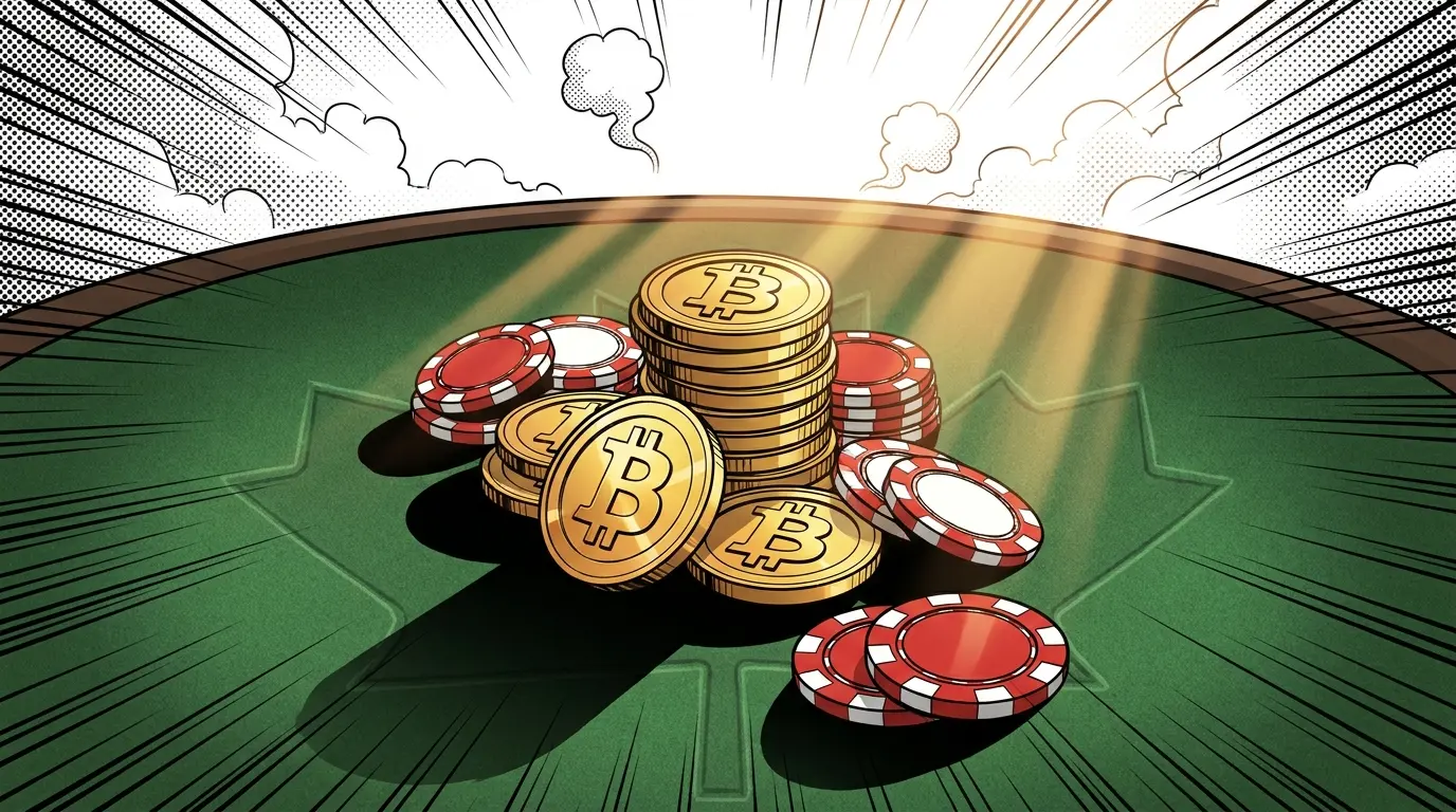 Bitcoin coins and casino chips on red felt with Canadian colors