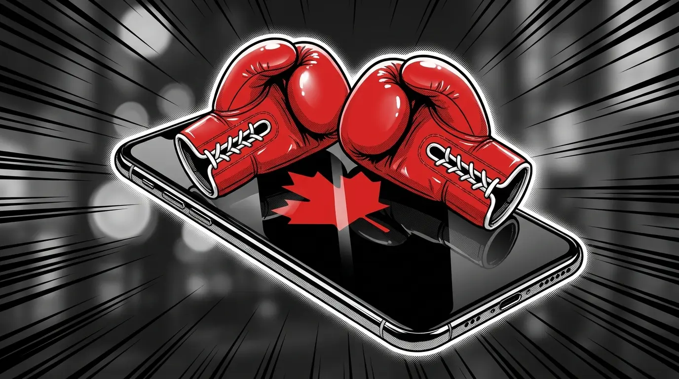 Boxing gloves with smartphone displaying Canadian colors