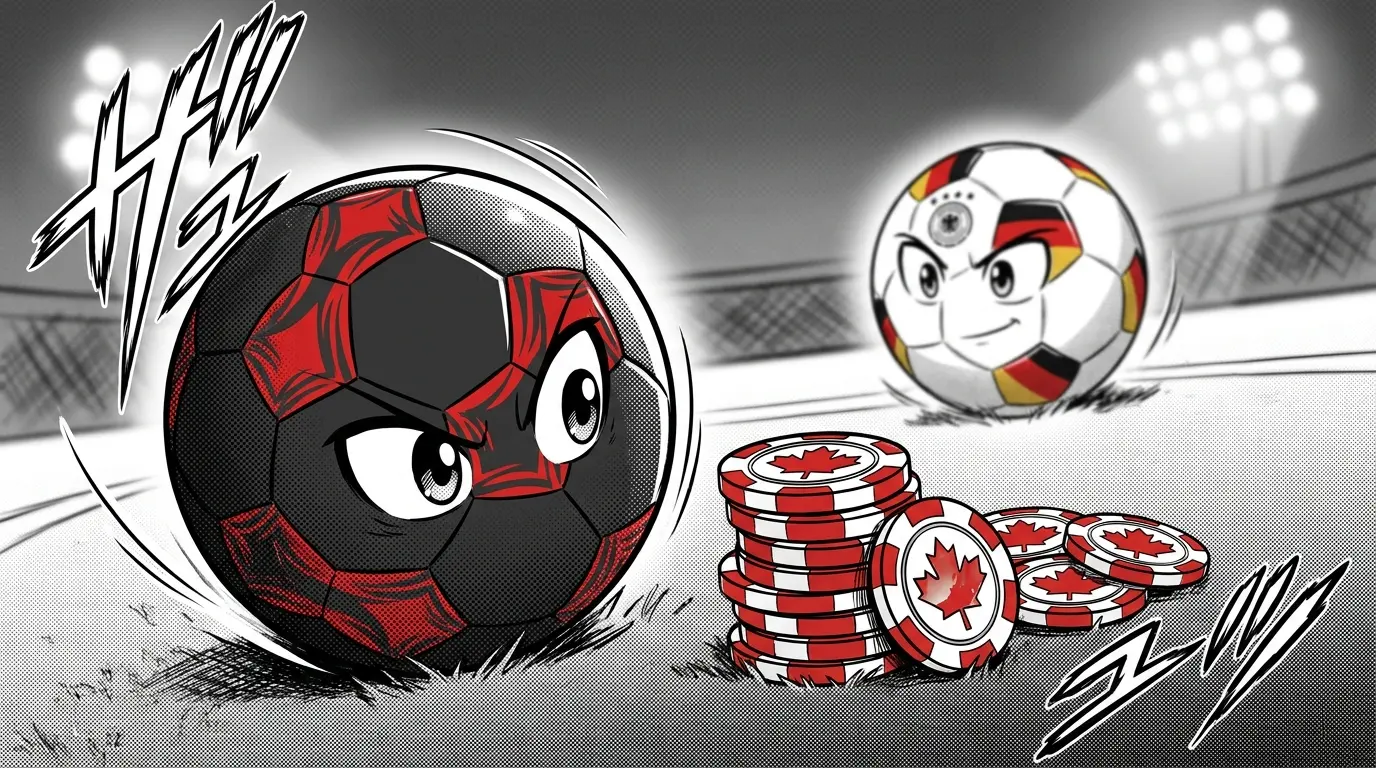 Football with betting chips and Canadian symbols on stadium pitch