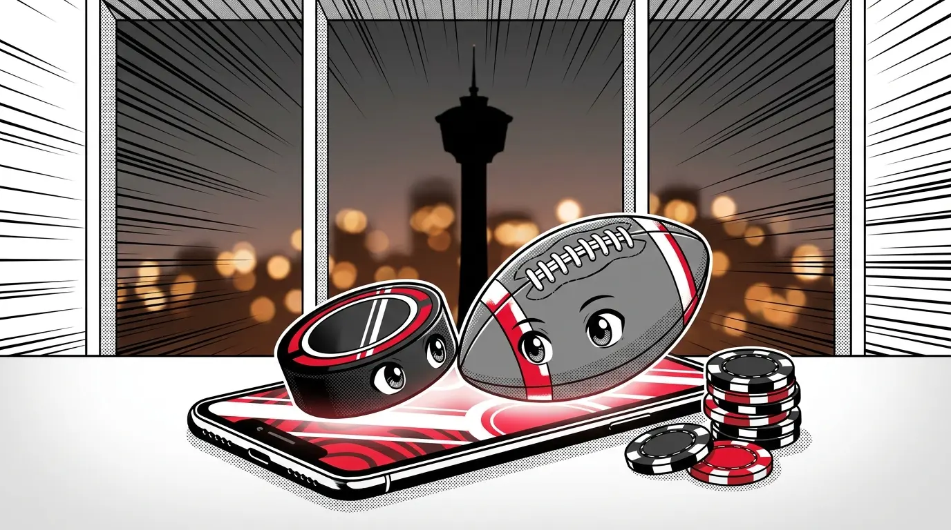 Sports equipment and betting chips with Calgary cityscape background