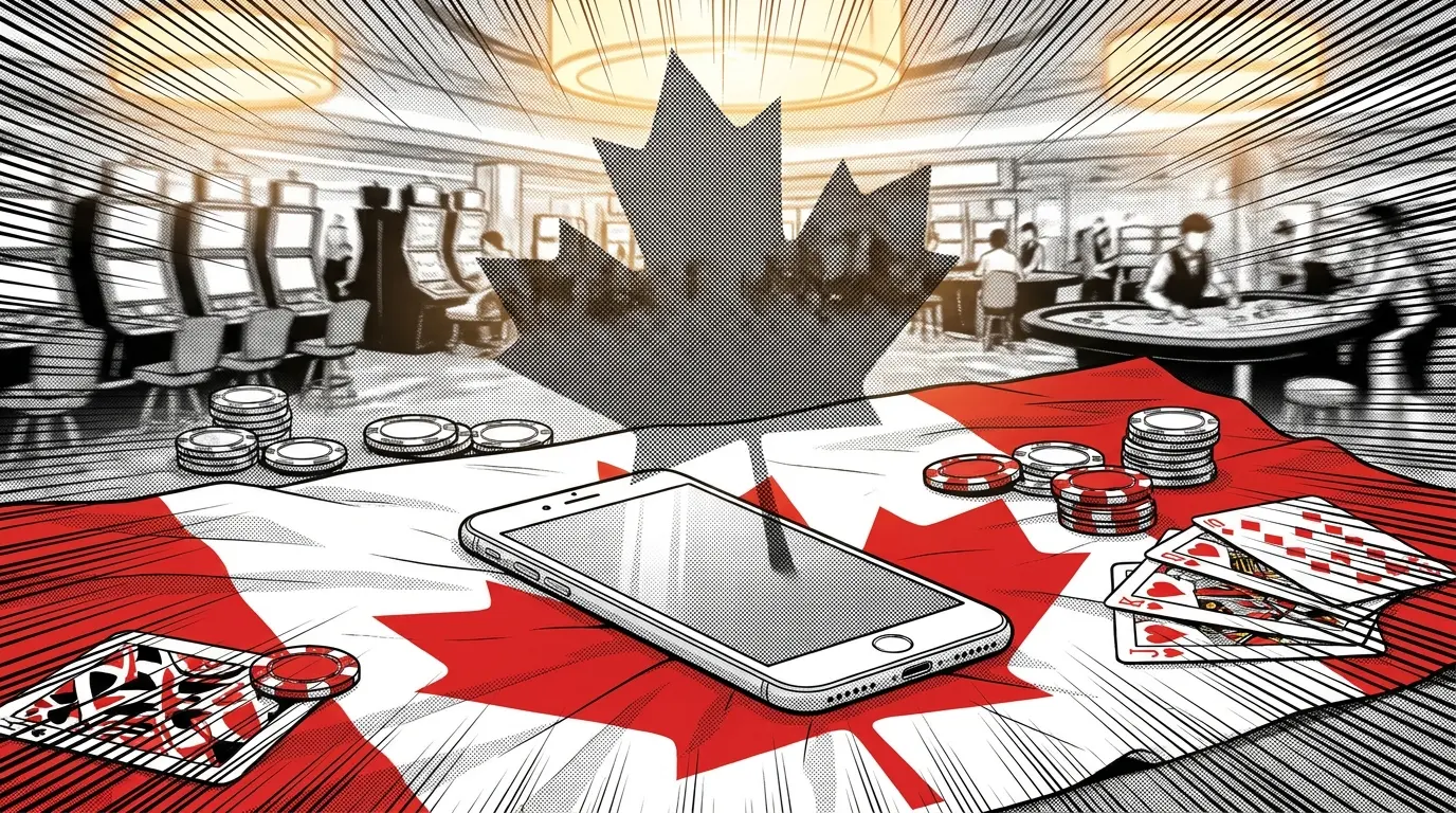 Smartphone on Canadian flag with casino chips and playing cards