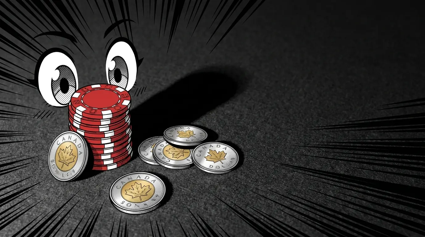 Red and white casino chips with Canadian coins on felt table