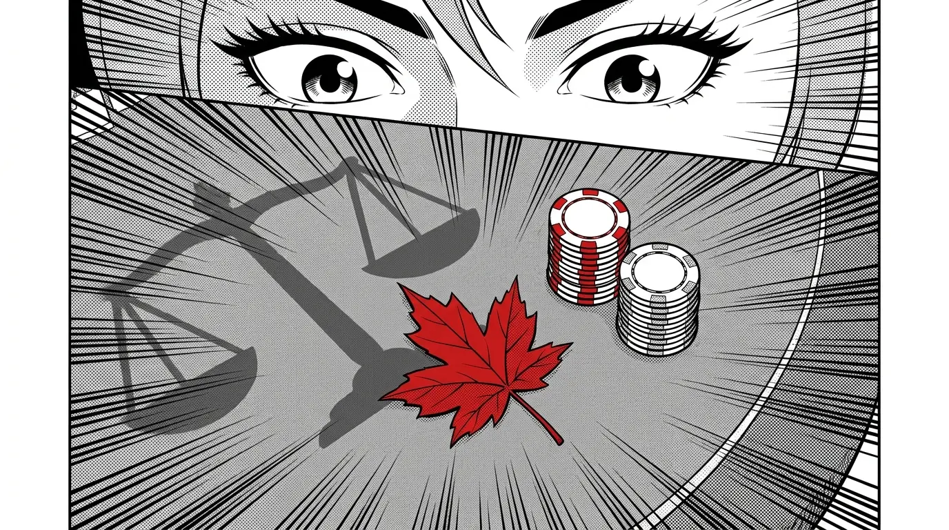 Canadian maple leaf on casino felt with poker chips and scales