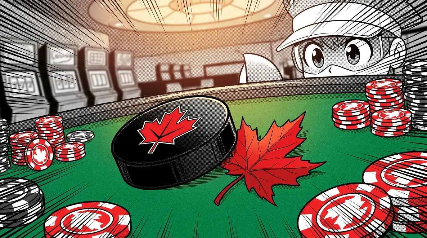 Hockey puck with maple leaf and poker chips on casino felt table