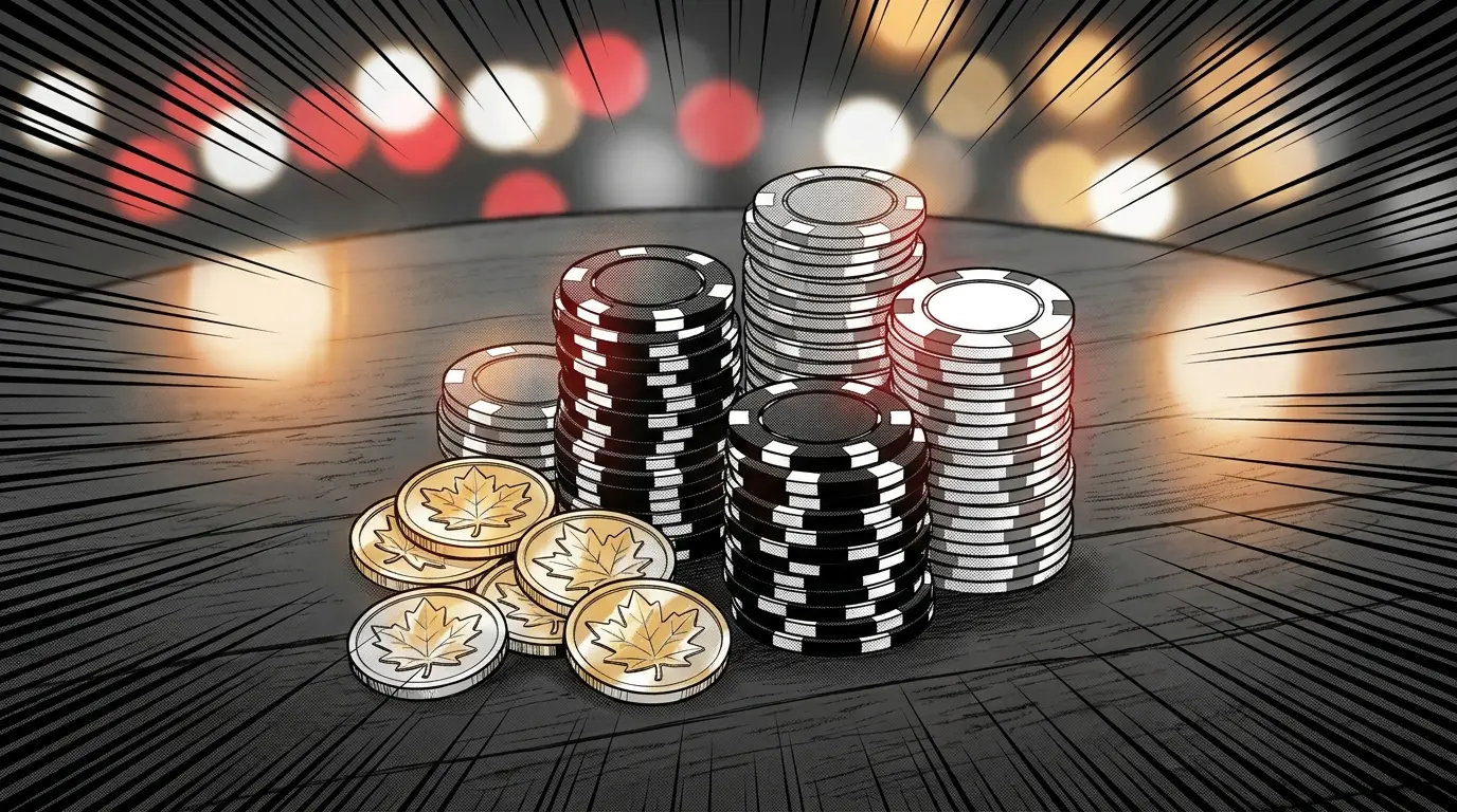 Poker chips and maple leaf coins representing Canadian bookmakers