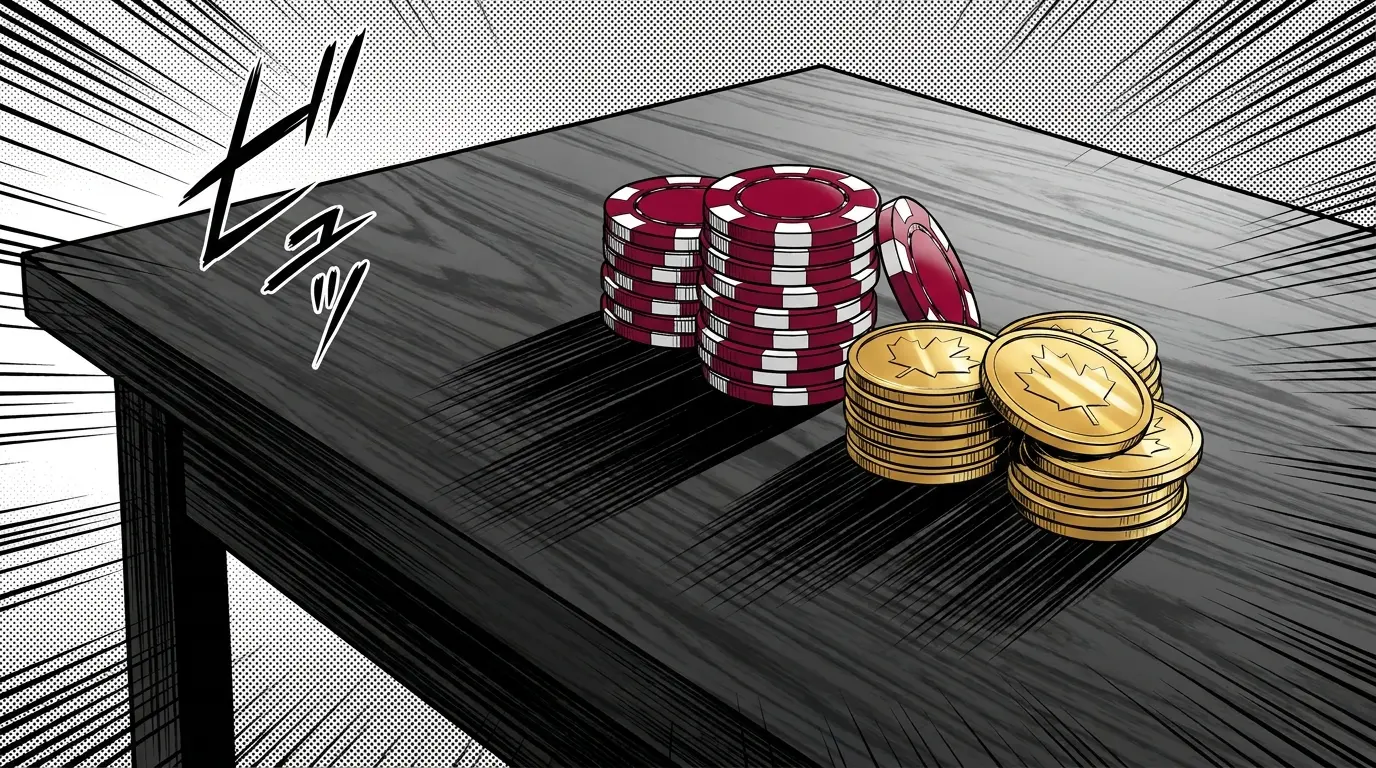 Casino chips and maple leaf coins stacked on wooden surface