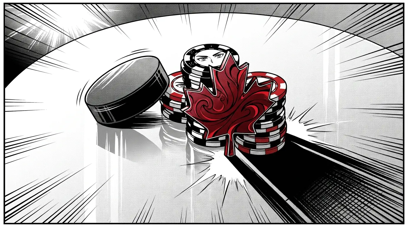Hockey puck and poker chips with Canadian maple leaf accent