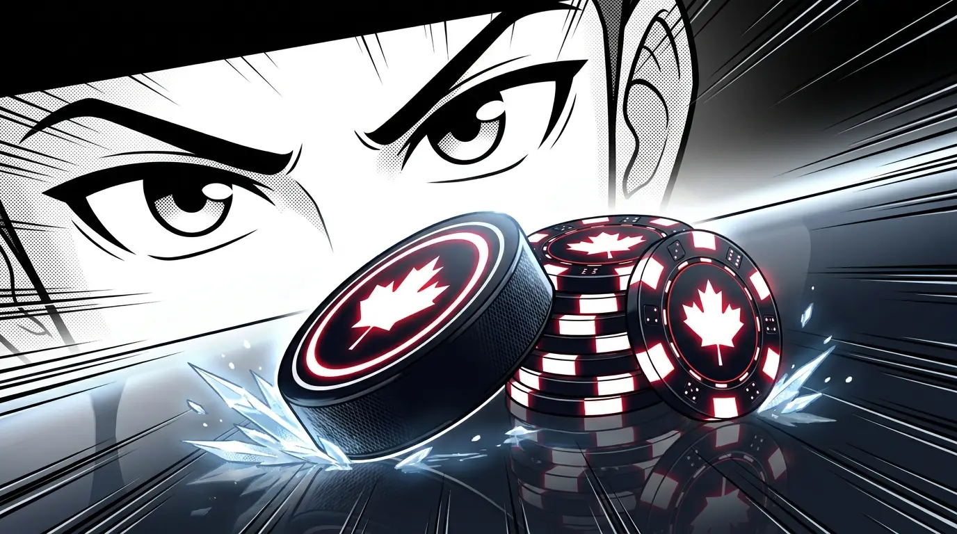 Hockey puck with casino chips in Canadian red and white colors