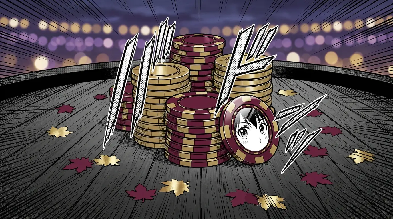 Burgundy and gold betting chips with maple leaf confetti