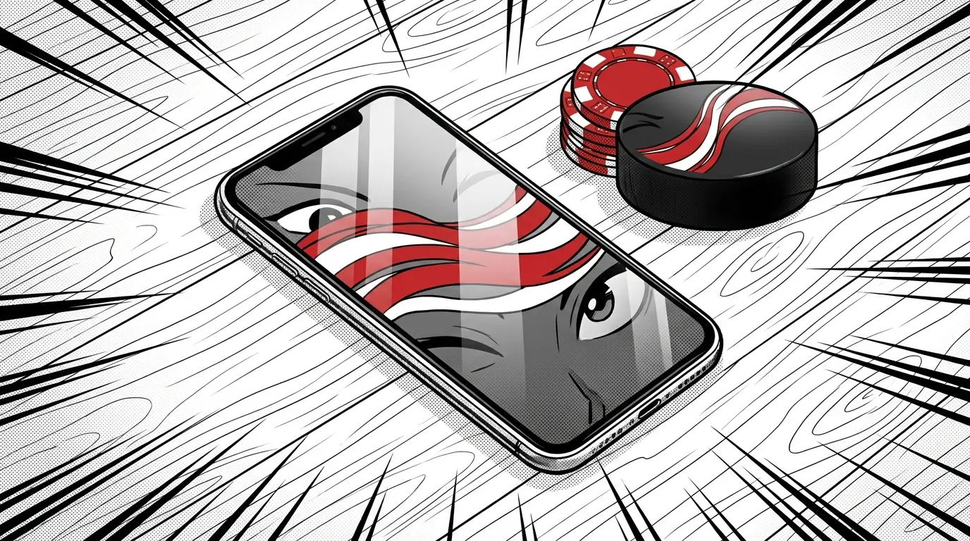 Smartphone with casino chips and hockey puck in Canadian colors