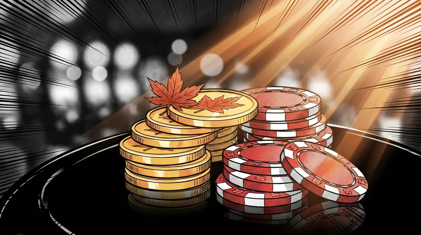 Golden coins and casino chips with Canadian maple leaf accent