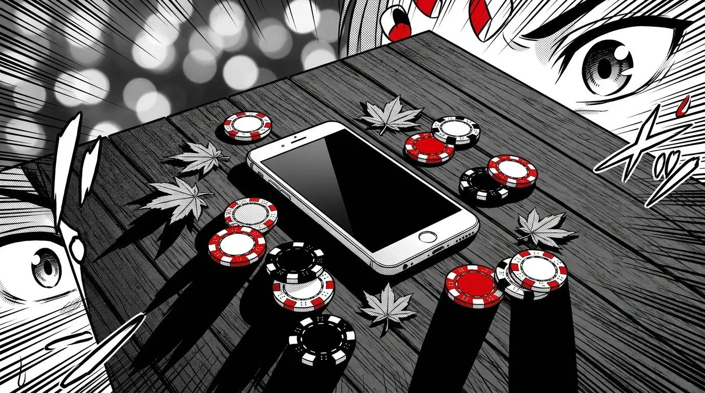 Smartphone with casino chips and Canadian maple leaf symbols