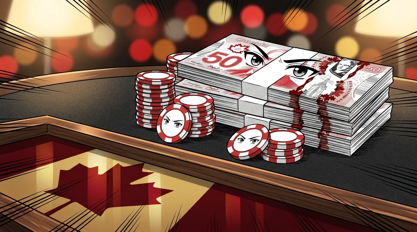 Canadian fifty dollar bills stacked with red and white poker chips