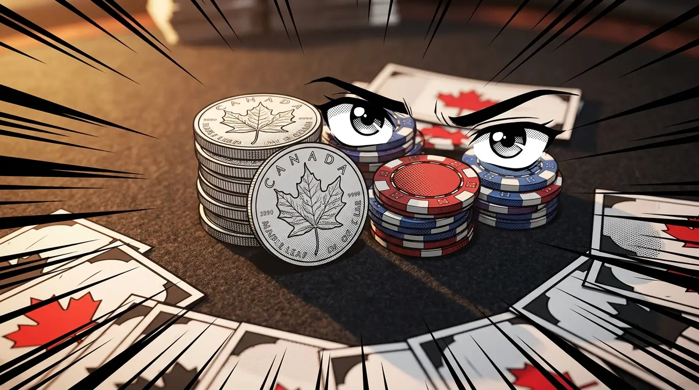Canadian coins and poker chips arranged on casino felt surface